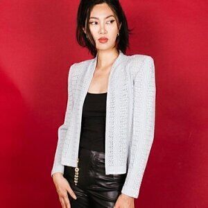 Vintage St. John Evening Grey Sequin Collarless Knit Jacket